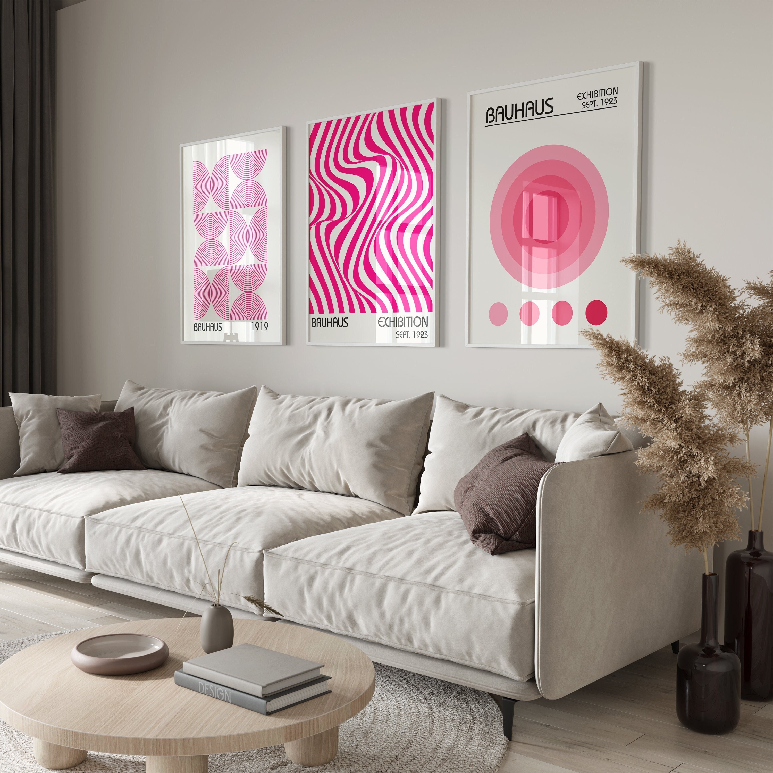 Pink Bauhaus Printable Wall Art Set of 3, Minimalist Retro Print ...