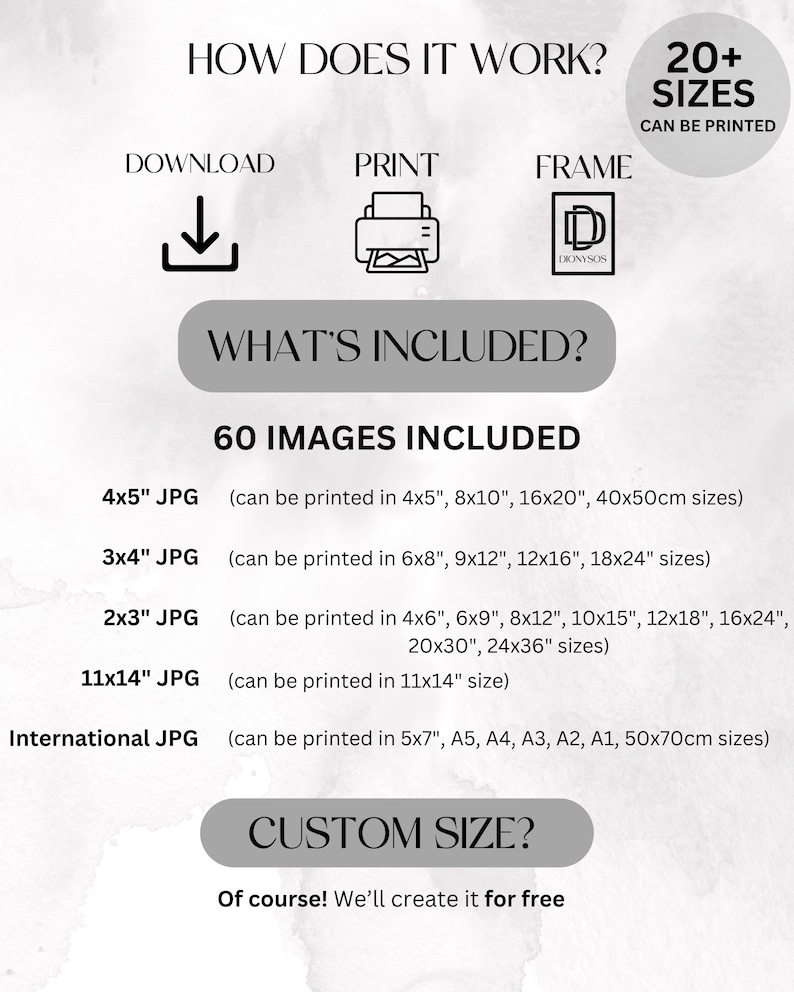 May include: A digital download of 60 images in various sizes, including 4x5 inches, 3x4 inches, 2x3 inches, 11x14 inches, and international sizes. The images can be printed in multiple sizes, including 4x5 inches, 8x10 inches, 16x20 inches, 40x50 centimeters, and more. The text "HOW DOES IT WORK?" is at the top of the image, followed by three icons representing download, print, and frame. The text "WHAT'S INCLUDED?" is below the icons, followed by the text "60 IMAGES INCLUDED". The text "CUSTOM SIZE?" is at the bottom of the image, with the text "Of course! We'll create it for free" below it.