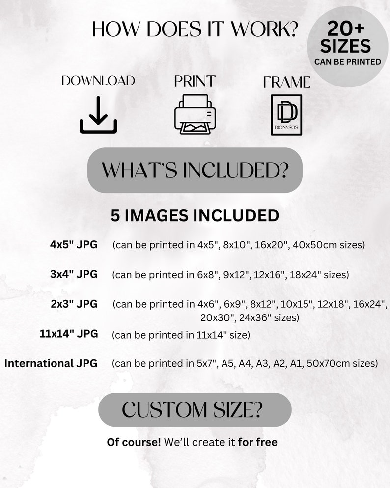 May include: A digital download of 5 printable images in JPG format. The images can be printed in various sizes, including 4x5 inches, 8x10 inches, 16x20 inches, 40x50 centimeters, and more. The text "HOW DOES IT WORK?" is at the top of the image, followed by three icons representing download, print, and frame. The text "WHAT'S INCLUDED?" is below the icons. The text "5 IMAGES INCLUDED" is below that. The text "CUSTOM SIZE?" is at the bottom of the image, with the text "Of course! We'll create it for free" below it.