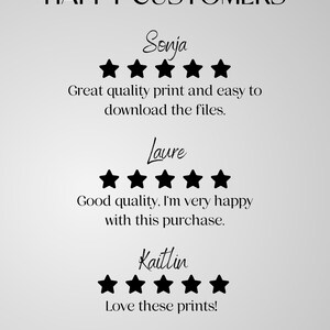 May include: A white background with black text that reads "HAPPY CUSTOMERS". Three customer reviews are displayed with names, five-star ratings, and comments. The reviews are for a product that is likely a printable design.