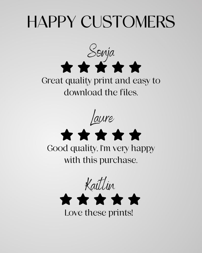 May include: A white background with black text that reads "HAPPY CUSTOMERS". Three customer reviews are displayed with names, five-star ratings, and comments. The reviews are for a product that is likely a printable design.