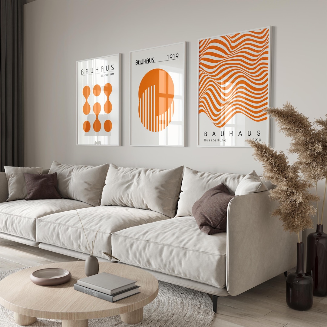 Orange Bauhaus Printable Wall Art Set of 3, Minimalist Retro Print ...