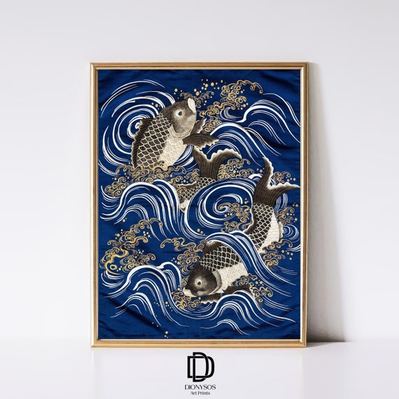 日本の鯉のアートプリント、ヴィンテージ浮世絵木版画、侘び寂びの装飾