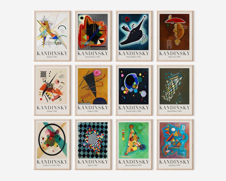 May include: A set of 12 abstract art prints featuring the work of Wassily Kandinsky. The prints are in a variety of colors and styles, including geometric shapes, circles, and lines. Each print includes the artist's name, the title of the work, and the year it was created.