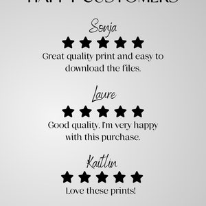 May include: A grayscale image with the text "HAPPY CUSTOMERS" at the top. Below are three customer reviews, each with a name and a five-star rating. The reviews praise the print quality and ease of download.