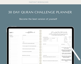 May include: A 30-day Quran challenge planner on a tablet screen. The planner includes a daily schedule, habit checklist, gratitude section, and reflection prompts. The text "What did I achieve today that I'm proud of?" is visible on the screen.