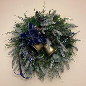 grapevine greenery berries winter Christmas pinecones wreath farmhouse woodland blue frosted pine cedar ficus bells