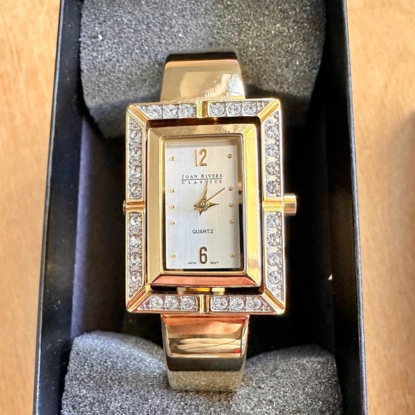 Joan Rivers Classic Crystal Quartz Watch Gold Tone Rhinestone Encrusted Reversible Flip Face with Hinged Bangle Bracelet, 1990s