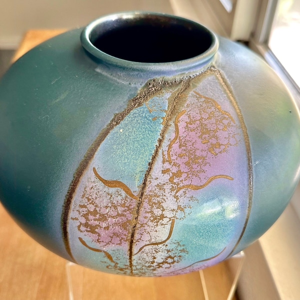 Bay Keramik Deep Teal Blue with Purple and Gold Design West Germany Pottery Wide Disc Bowl Vase Vessel, Vintage Early 1980s