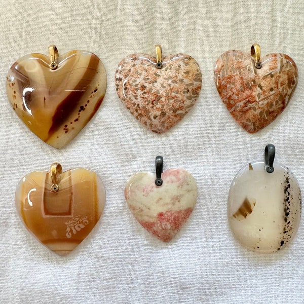 Vintage Gemstone Agate Polished Heart Shaped Necklace Pendants Flat Back Sterling Silver and 14k Overlay Bail by Warner Grieger Specimens