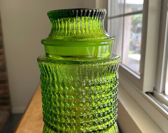 L.E. Smith Cascade Green Glass 9” Storage Canister Apothecary Jar,  Ground Glass Lid, Vintage Mid Century Kitchen Decor