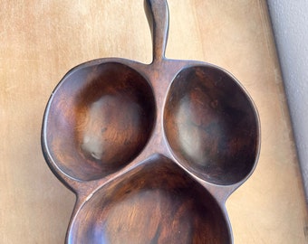 David Auld Artistic MCM Heavy Large Monkey Pod Wood Three Sections Hand Crafted in Haiti, Vintage Serving Display Bowl