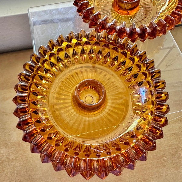 Amber Diamond Point Pair of Indiana Glass Taper Candlestick Holders, Vintage 1970s, Also Fits Diamond Point Votive Cup