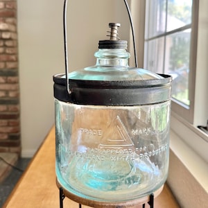 Antique Glass Kerosene Bottle for Gas Stove Teal Seafoam Green, Cleveland Metal Products, Original Lid Spring Working Condition, Prepatent