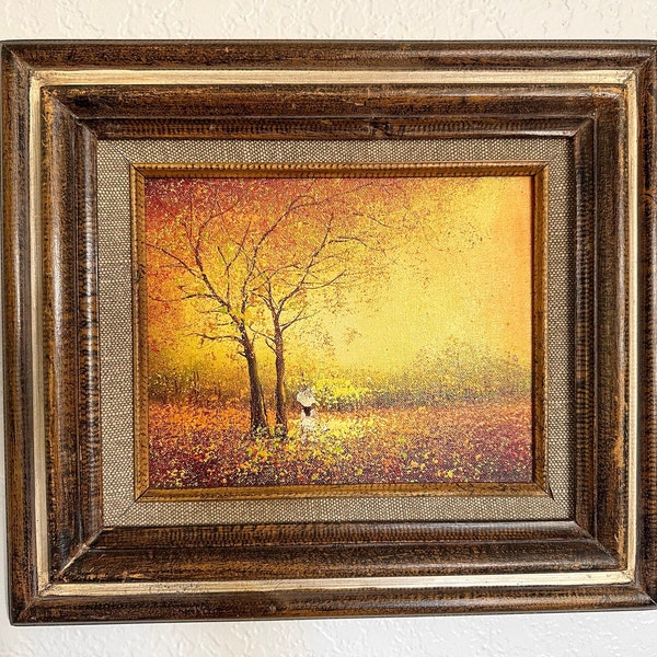 Vintage Oil Painting Woman in Meadow with Parasol, Trees, Landscape Scene Yellow Fall Autumn Colors, Vintage 1960s Impressionist Style