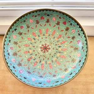 Solid Brass India Cloisonné Bowl Intricate Painted Enamel Teal, Salmon Pink, and Gold Brass Tones, Vintage Asian Boho Decor