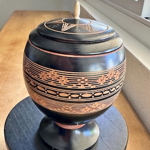 Hand Turned Wood with Lid Herbs and Incense Holder or Trinket Box Black Ebonized Wood Geometric Folk Art Design, Bone Finial Handle, Vintage