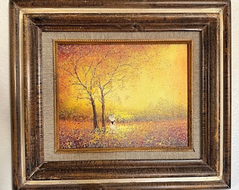 Peinture à l'huile vintage femme dans un pré avec parasol, arbres, scène de paysage jaune automne couleurs d'automne, style impressionniste vintage des années 1960