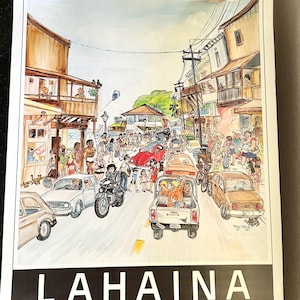 Lahaina Maui Hawaii 1984, poster di grandi dimensioni, stampa resistente, persone sulla strada principale, vita sull'isola, surfisti, ciclismo, firmato Hildreth, opera d'arte vintage