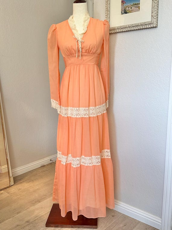 Vintage Long Sleeve Peach Soft Orange Prairie Dress Empire Waist and Tie Bodice with Lace Trim Detail, by Roberta of California, Size 2-3