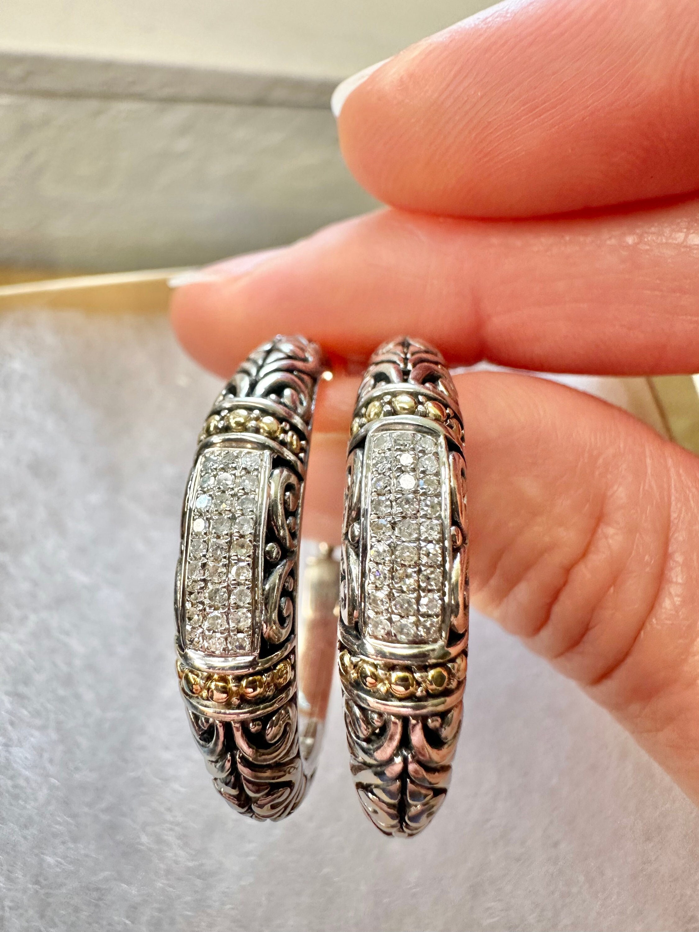 Effy 925 Sterling Silver 18k Gold Accented Diamond Hoop Earrings Filigree Scrollwork 0.26 TCW 1 3 8 Signed and Marked Vintage 90s Style