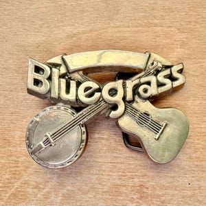 Solid Brass Bluegrass Music Belt Buckle by Baron Buckles 1980, Metal Guitar and Banjo Instuments, Vintage Country Musician Accessory