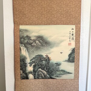 Japanese Kakejiku Hanging Scroll Hand Painted Moutain and River Landscape Artist Signed, Mounted on Jacquered Fabric, Vintage 1960s to 70s