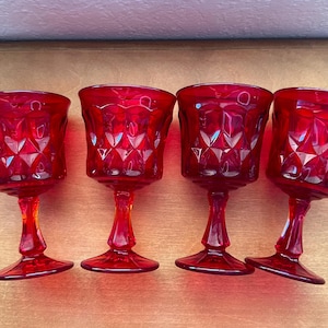 Amberina Ruby Red and Orange Noritake Perspective Set of Four Water Goblets Drinking Glasses, Vintage Stemware Barware, Blacklight Glows