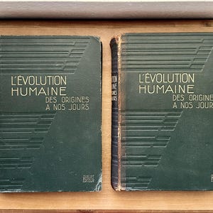 May include: Two vintage books with dark green covers. The title "L'ÉVOLUTION HUMAINE DES ORIGINES A NOS JOURS" is embossed in white. The books are on a light brown wooden surface.
