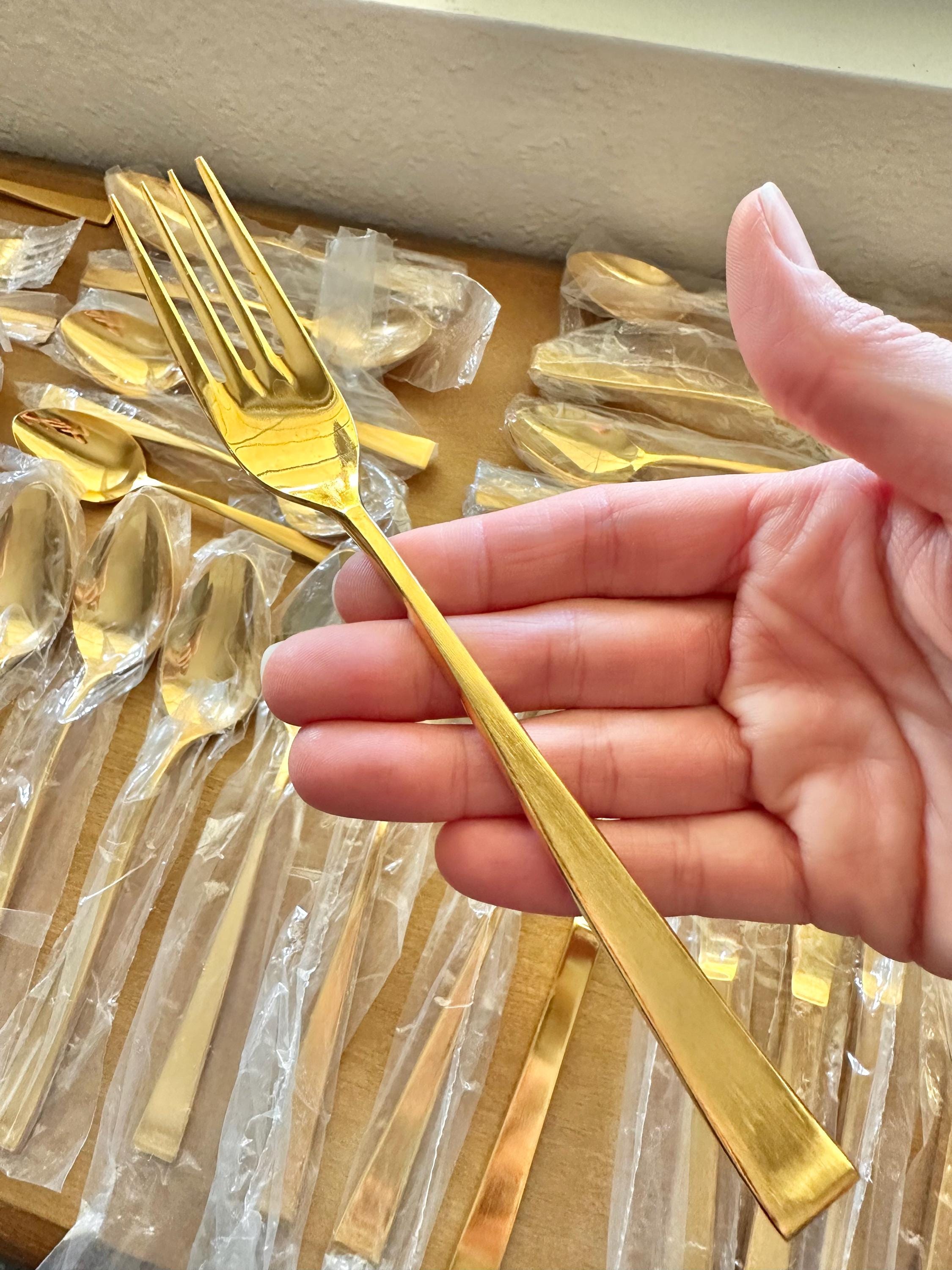 Cosmos 23k Gold Electroplate Flatware Set in Solid Wood Box Elegant Sleek Minimalist Design, 47 Piece Set, Vintage