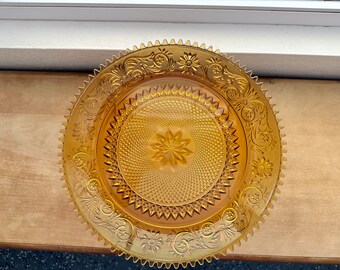 Golden Amber Tiara Sandwich Glass Large Serving Plate Platter Sawtooth Rim Filigree Design, Vintage Indiana Glass