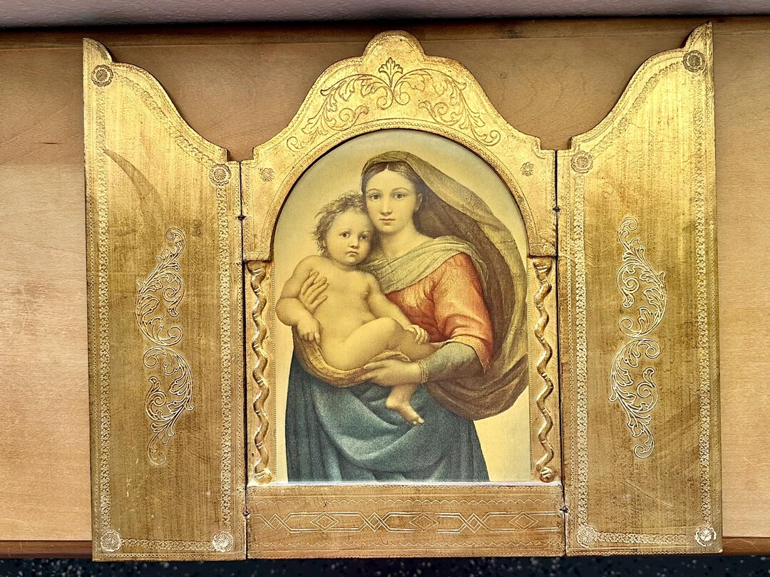 Large Italian Florentine Wood Triptych Gold Gilt Ornate Trifold 17.5 ...