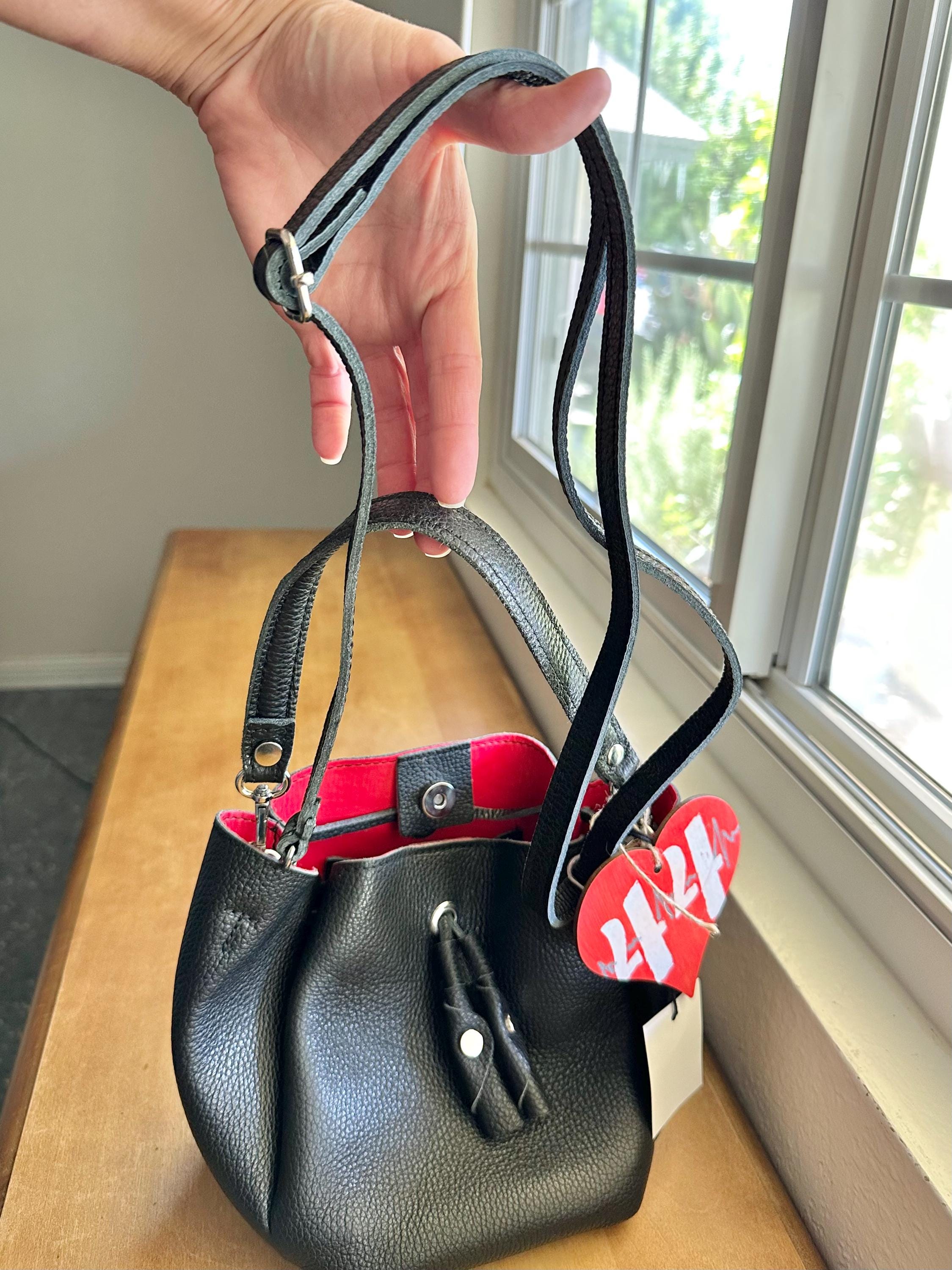 Vintage Black Leather Backpack Bucket Purse Red Accents Pockets Bohemian NWOT Vintage Bohemian Black Leather Bucket Bag | 1980s Nubuck  main image 2
