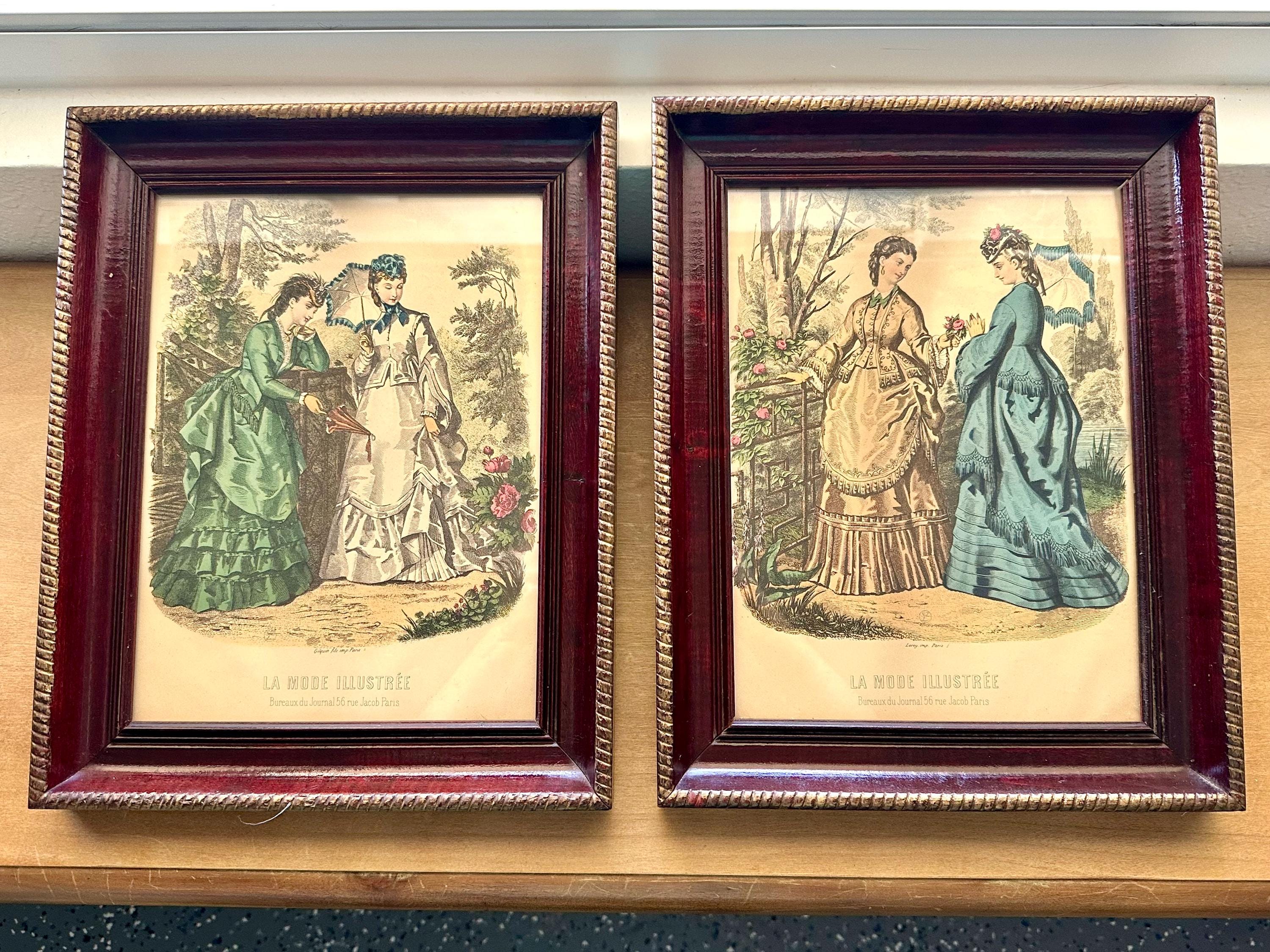 Vintage 14.75" Wood Framed La Mode Illustrée Fashion Prints from Bureaux du Journal, Gold Trim Paris France, Colorized Engraving Prints