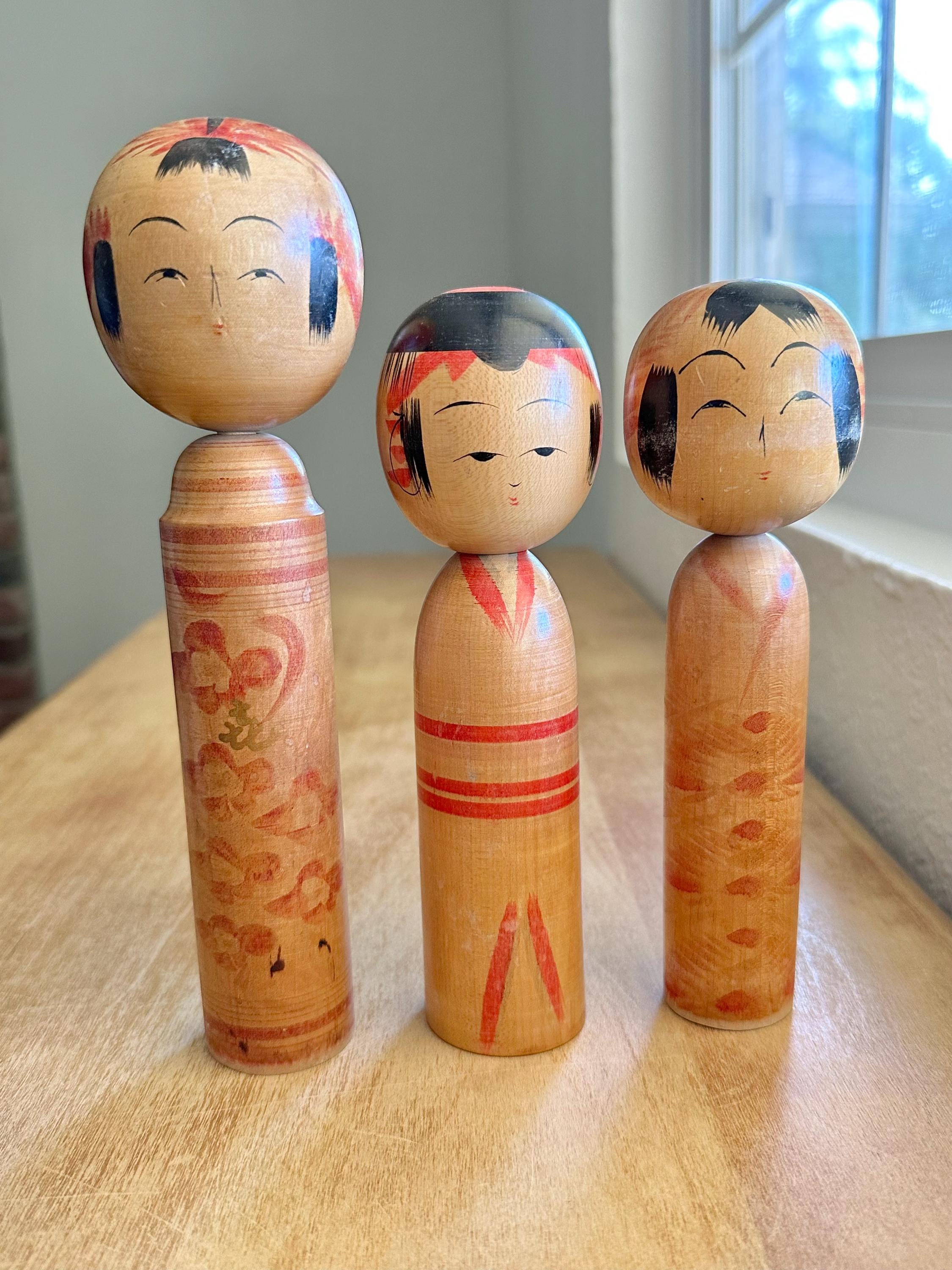 Vintage Traditional Wooden Yajiro Kokeshi Doll Family, Red, Brown