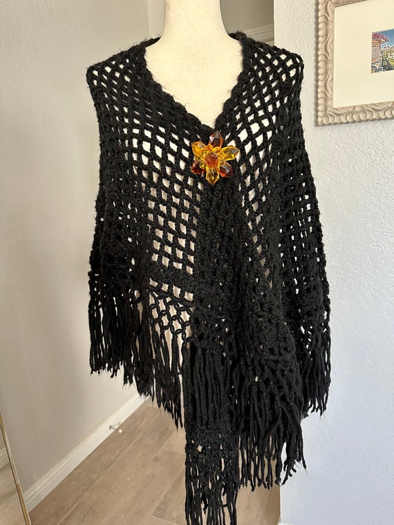 Black Crocheted Large Shawl Wrap with Open Diamond