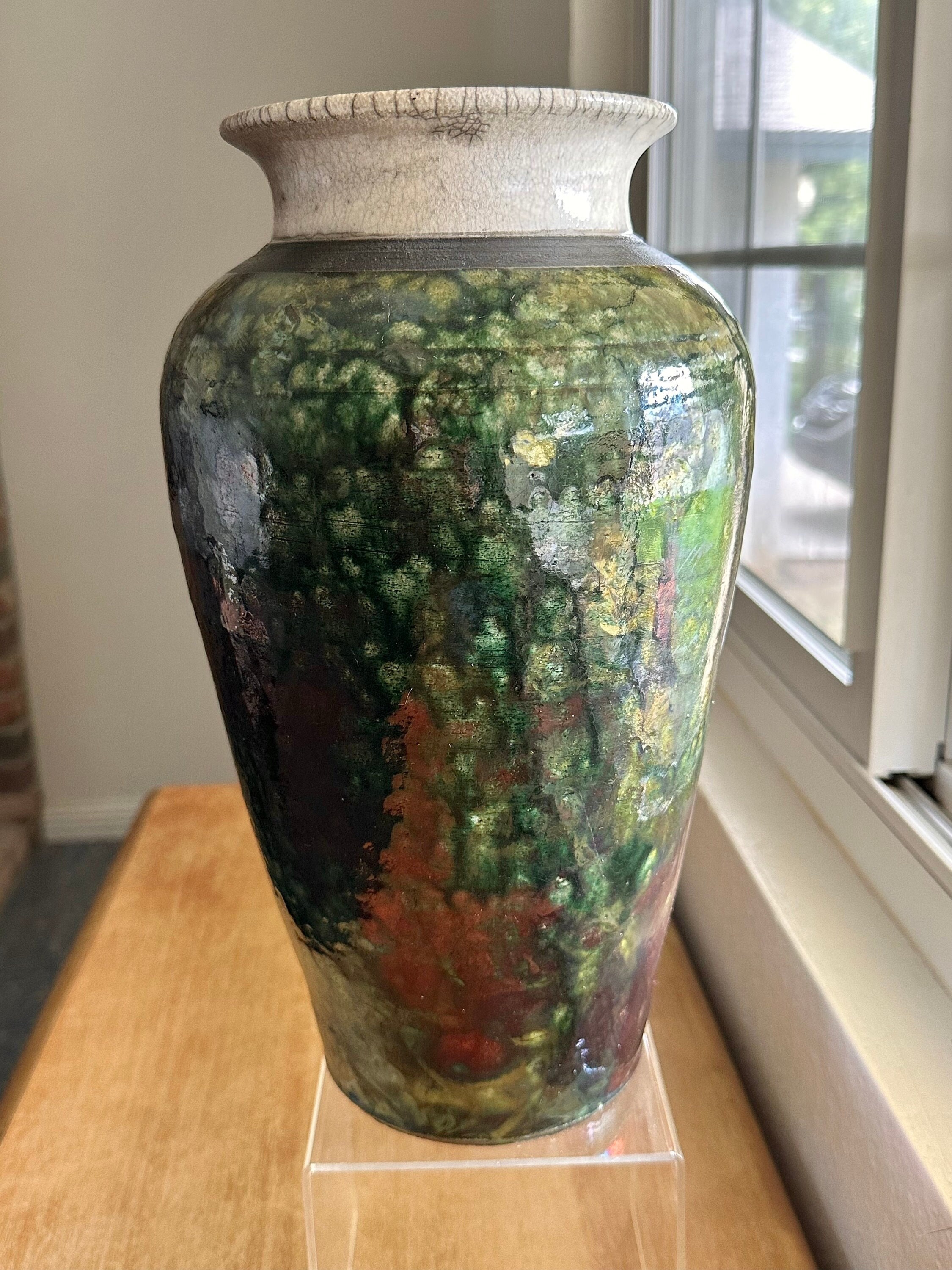 Mike Brennan 13” Raku Vase in Dark Green and Copper Metallic