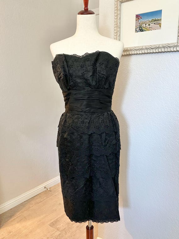 Vintage 1950s Black Silk Cocktail Dress: Eyelet Lace Strapless Evening Dress, Size 4-6