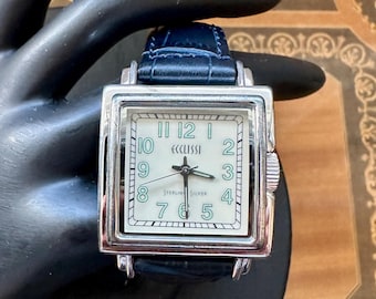 Sterling Silber Ecclissi Quarz Uhr und Dark Navy Blue italienischen Saddle Lederband, sehr guter Zustand, Vintage