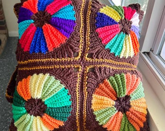 Granny Square Wheels Crocheted Groovy 17.5” Square Pillow Cover Sham, Dark Brown Multi Colored Geometric Circle Pattern, Vintage 1980s