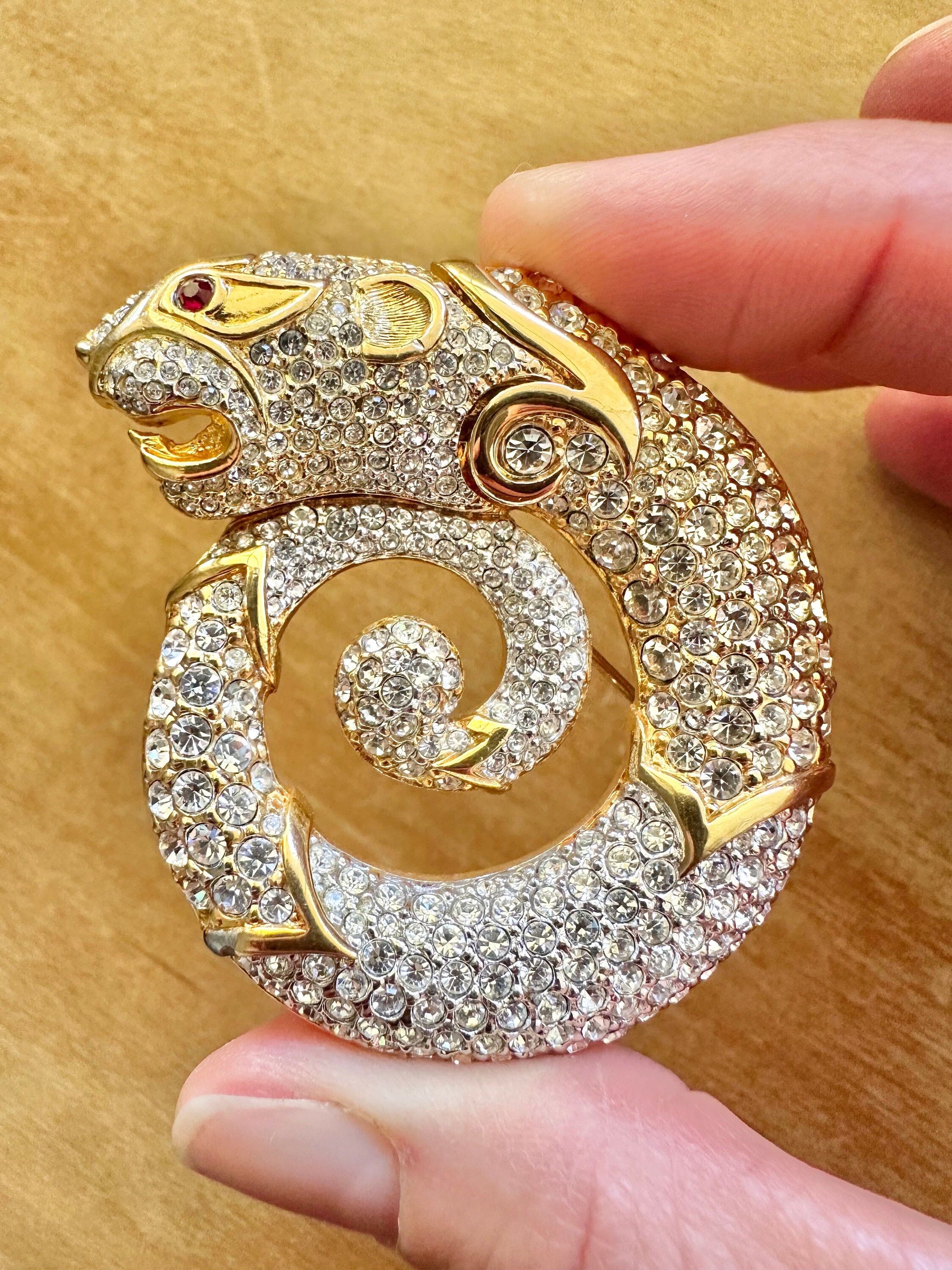 Broche Vintage Jaguar Argentée Avec Collier En Pierres Blanches - Longueur 10 Cm, Occasion