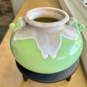 Round Light Green and White Gray Brown Drip Glaze Ceramic Jardiniere Planter Urn Style Two Side Handles, Vintage MCM Japan Pottery