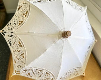 Vintage Small Decorative Battenburg Cotton Lace Parasol Umbrella Intricate Pattern with Cut Out Details and Wooden Handle, Working Condition