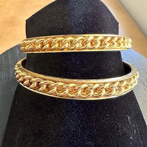 Pair Unique 10k Gold Plated Bangle Bracelets with Chunky Gold Chain Link in Channel, Vintage Made in Hong Kong, Acid Tested, 1990s to 2000s