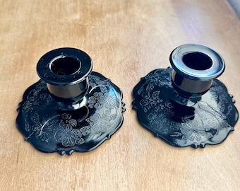 Vintage Pair LE Smith Amethyst Black Glass Short Candlestick Holders with Etched Floral Design, Dark Elegant Gothic Style