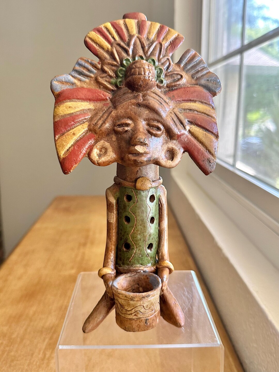 Aztec Vintage Ceramic Flute Pipe in Red, Yellow, Green, Working ...