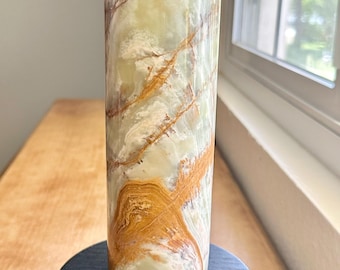 Vintage Green and Orange Banded Onyx Stone Pillar Candle Holder Or Vase, Defined Striations and Lines