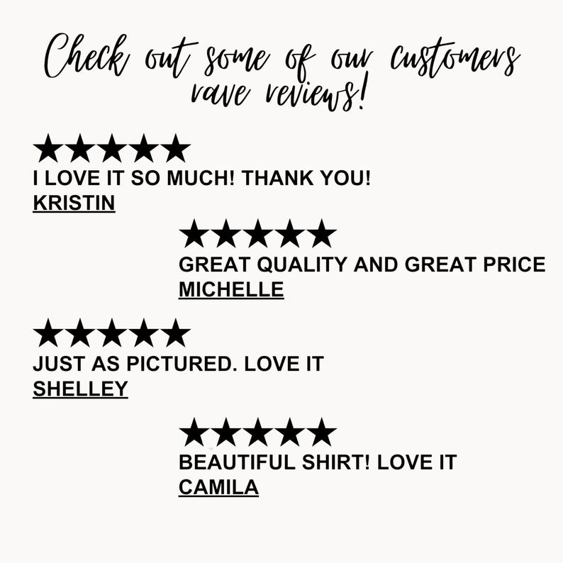 May include: A cream-colored graphic with black text and star ratings. The text reads "Check out some of our customers rave reviews!" followed by customer reviews and names. The reviews include phrases like "I love it so much!" and "Great quality and great price."