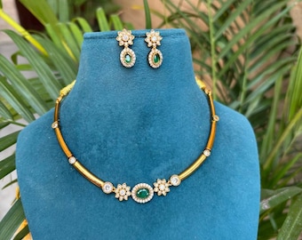 Golden Choker Set: Indian Monalisa Stone Necklace, Bridal Jewelry With Earrings