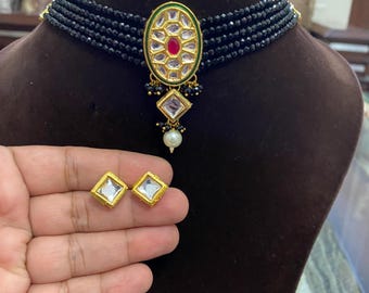 Kundan Choker Necklace Set, Monalisa Stone, Chini Pearls, Indian Jewelry With Earrings